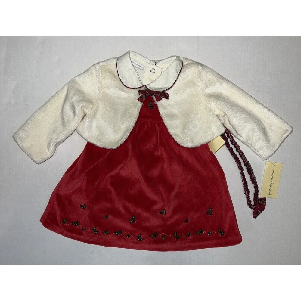 First Impressions Baby Girls Red Velour Christmas Dress w/ Shrug 3-6 Months New